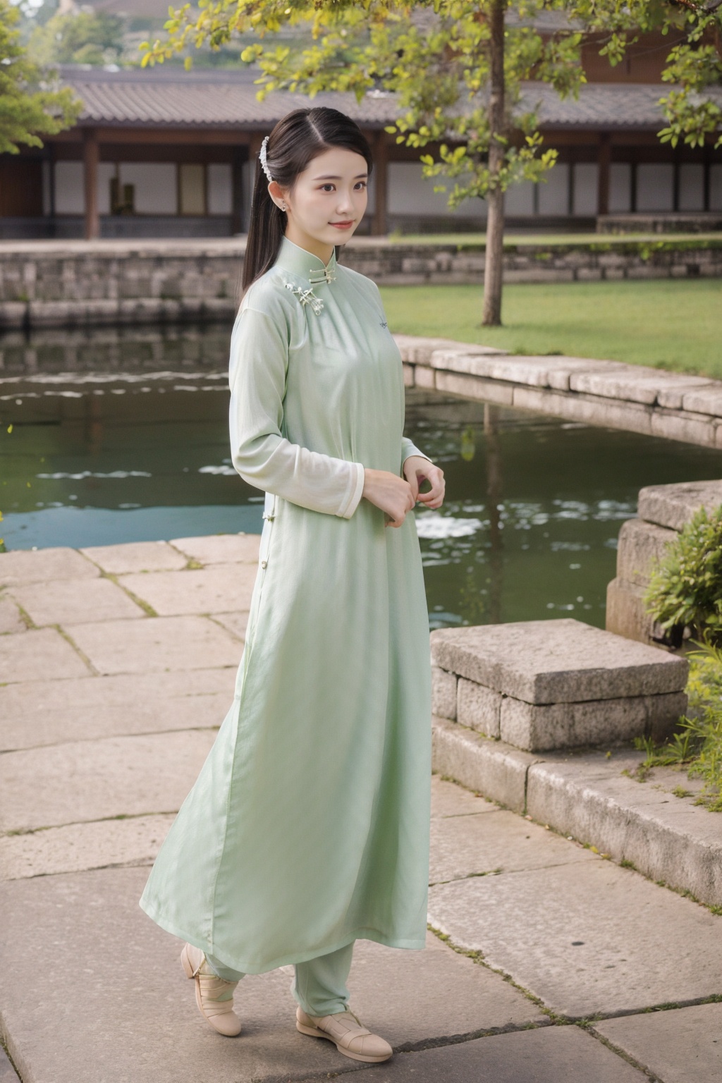 (1girl:1.3), (best quality, masterpiece, ultra high resolution),(photorealistic:1.3), (realistic:1.3), depth of field,(full body:1.2), (outdoors:1.2), (day:1.2), (cinematic lighting:1.2),  cheongsam, facing to camera <lora:QpSouth:0.7>