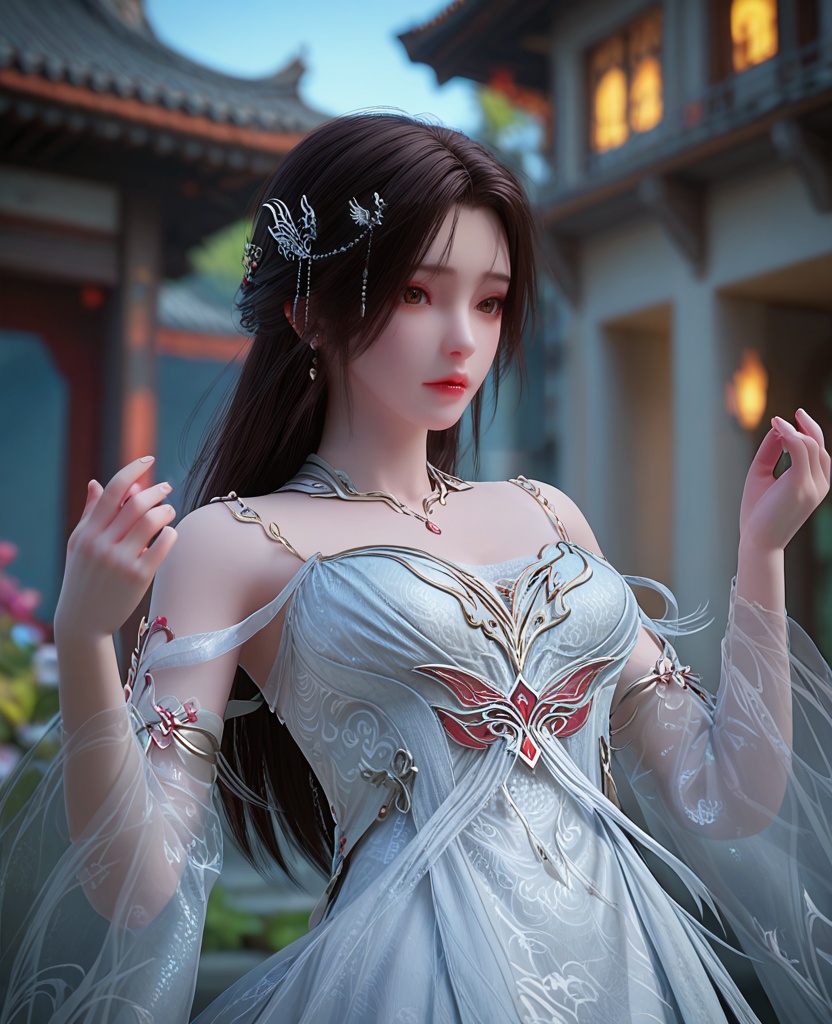(oriental architecture, elegant decor, sophisticated style:1.1),Leaning back, arms outstretched, looking relaxed,,(breasts:1.2),<lora:XL完美世界白衣火灵儿:0.95>,miss bailinger,solo,white chiffon dress,jewelry,detached sleeves of see-through,brown eyes,black hair,long hair,hair ornament,armlet,lips,necklace,eyelashes,bare shoulders,, zPDXL2, score_9, score_8_up, score_7_up BREAK realistic, masterpiece,best quality, highly detailed,, zPDXL3, zPDXL2,zPDXL, zPDXLxxx, zPDXLrl,