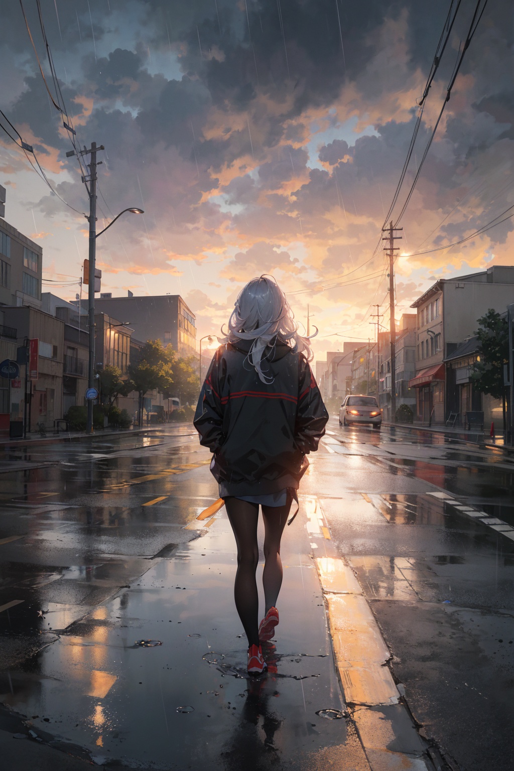 masterpiece,best quality,(ray tracing, cinematic lighting),ex-light,(central composition, Centered Composition and Symmetry:0.6),(back to camera:1.3),backlight,1girl,((solo)),black long hair,messy hair,jacket,pantyhose,rainy day,Cumulonimbus Cloud,(put hands in pockets),(outdoors, rain, sky, deserted streets, watered-down pavements, crossroad, fork in the road),tall buildings,bell towers,glass,reflections,streetlights,sunset,Tyndall Effect,