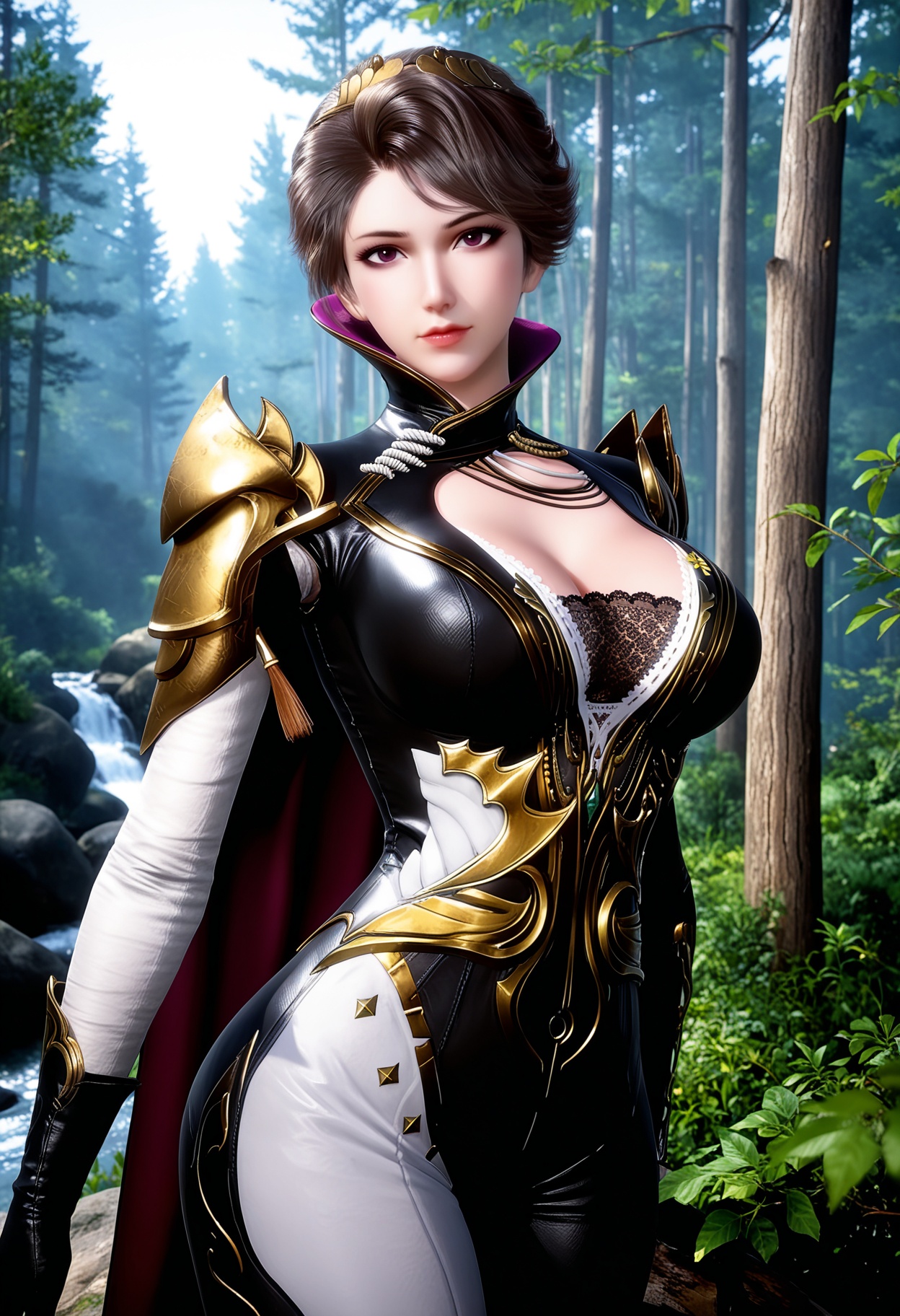 masterpiece,best quality,amazing quality,high resolution,ultra-detailed,absurdres,(looking at viewer:1.1),(moody lighting:1.1),forest,east_asian_architecture,stream BREAK large breasts,cleavage,huge ass,narrow waist,wide hips,zhuzhuyun,1girl,solo,short hair,brown hair,bodysuit,gloves,high collar,armor,purple eyes,cape,shoulder armor,hair ornament,makeup,clothing cutout,black bra,lace-trimmed bra,black gloves,high heels,(thick_thighs:1.1) BREAK photorealistic details,<lora:QQSillzhuzhuyunV1:0.8>,