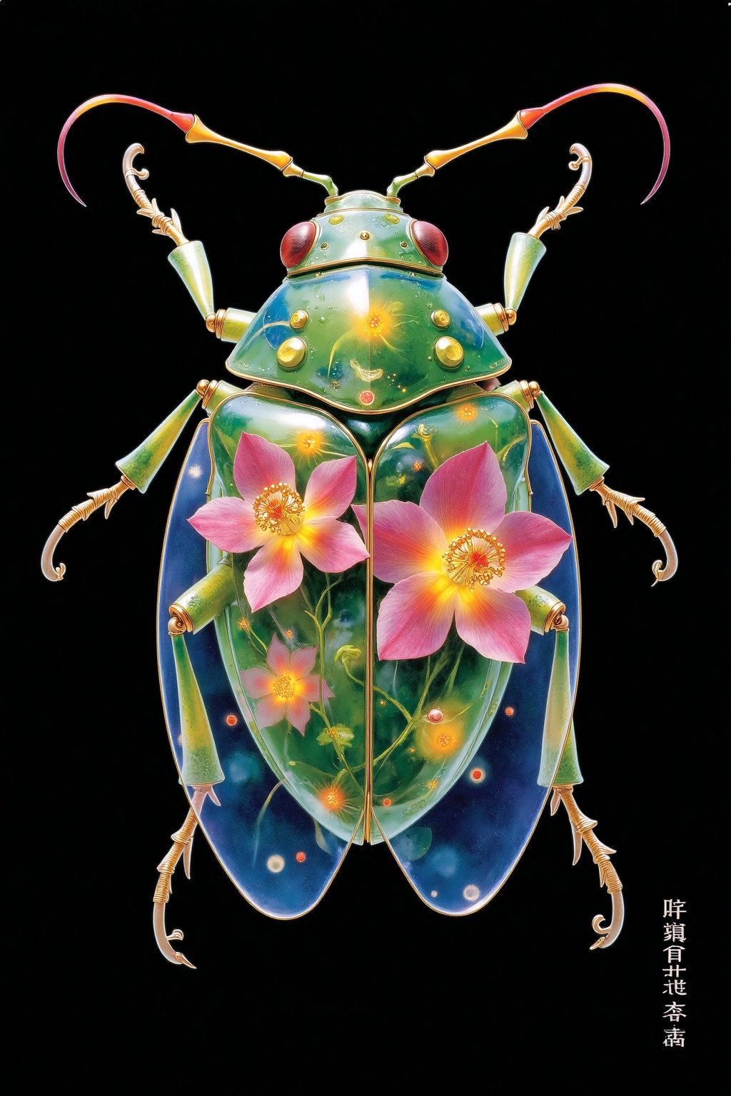 beijihui,a close-up, eye-level view of a green insect, adorned with two pink orchid flowers. The insect's body is covered in a transparent blue material, and the insect's legs are adorned with gold-colored claws, adding a touch of contrast to the composition. The background is a solid black, allowing the insect to be the focal point of the image.