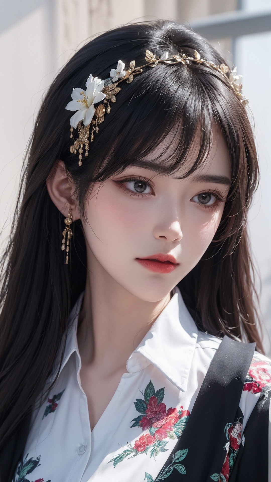1girl, hair ornament, solo, black hair, flower, hair flower, long hair, realistic, upper body, blurry background, chinese clothes, blurry, closed mouth, shirt, bangs, white shirt