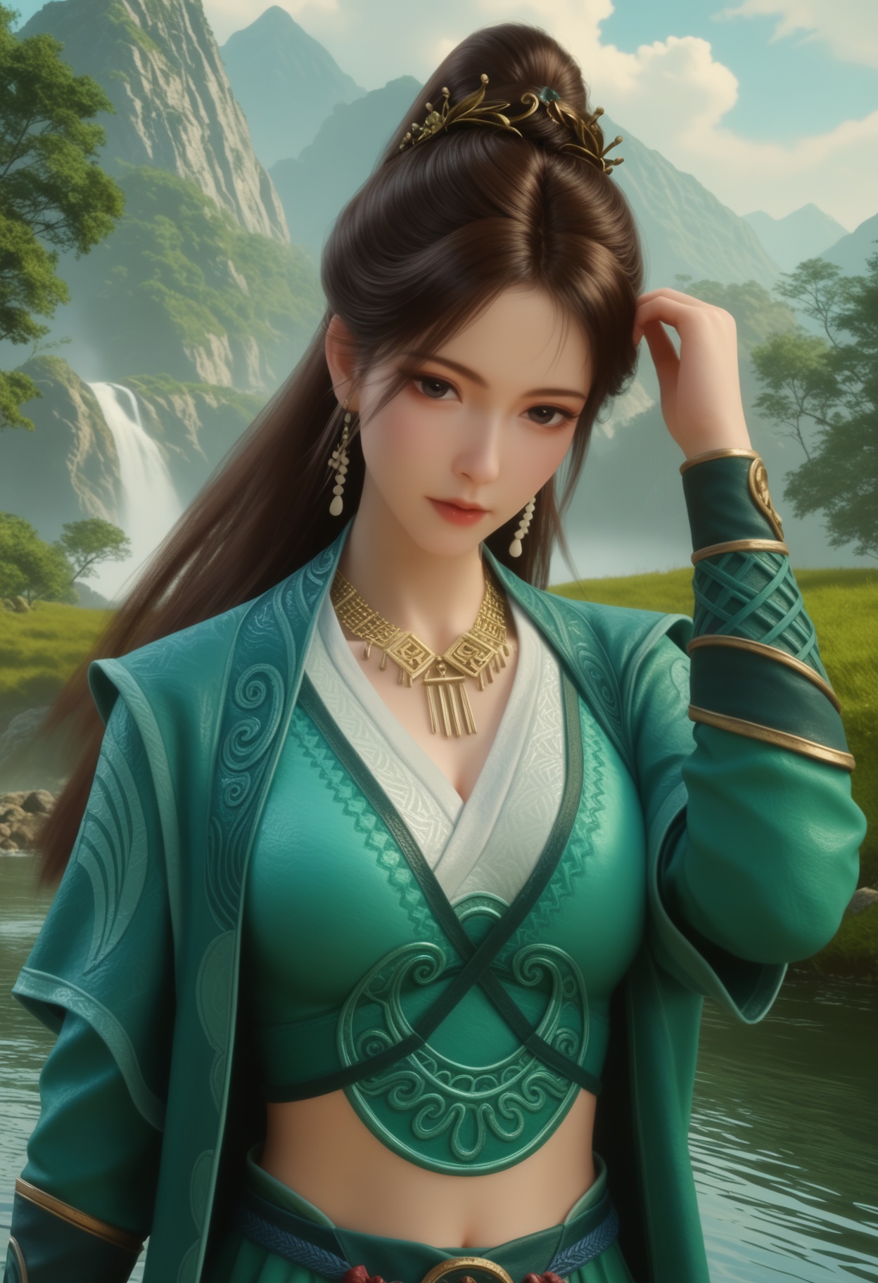 score_9,score_8_up,score_7_up,1girl,solo,long hair,realistic,looking at viewer,shiny_skin,oil,(mature face:1.3),1girl,solo,(big breasts:1.3),(cleavage:1.2),upper body,hanfu,chinese clothes,china dress,dress,green jacket,green skirt,green dress,(long skirt:1.2),long sleeves,green coat,crop top,midriff,coat,cropped shirt,green shirt,cape,champion's tunic (zelda),green footwear,boots,skirt,thigh strap,ribbon,1girl,solo,looking at viewer,jewelry,necklace,hair ornament,hair bun,tassel,tassel earrings,eyelashes,earrings,bracelet,black ribbon,belt,character close-up,brown hair,black eyes,ponytail,collarbone,closed mouth,navel,1girl,pouring,looking up,open mouth,holding,gourd,water,realistic,scenery,mountain,tree,outdoors,sky,cloud,cloudy sky,day,bridge,water,river,fog,<lora:皮肤凹痕:0.3>,<lora:慕沛灵:0.75>,
