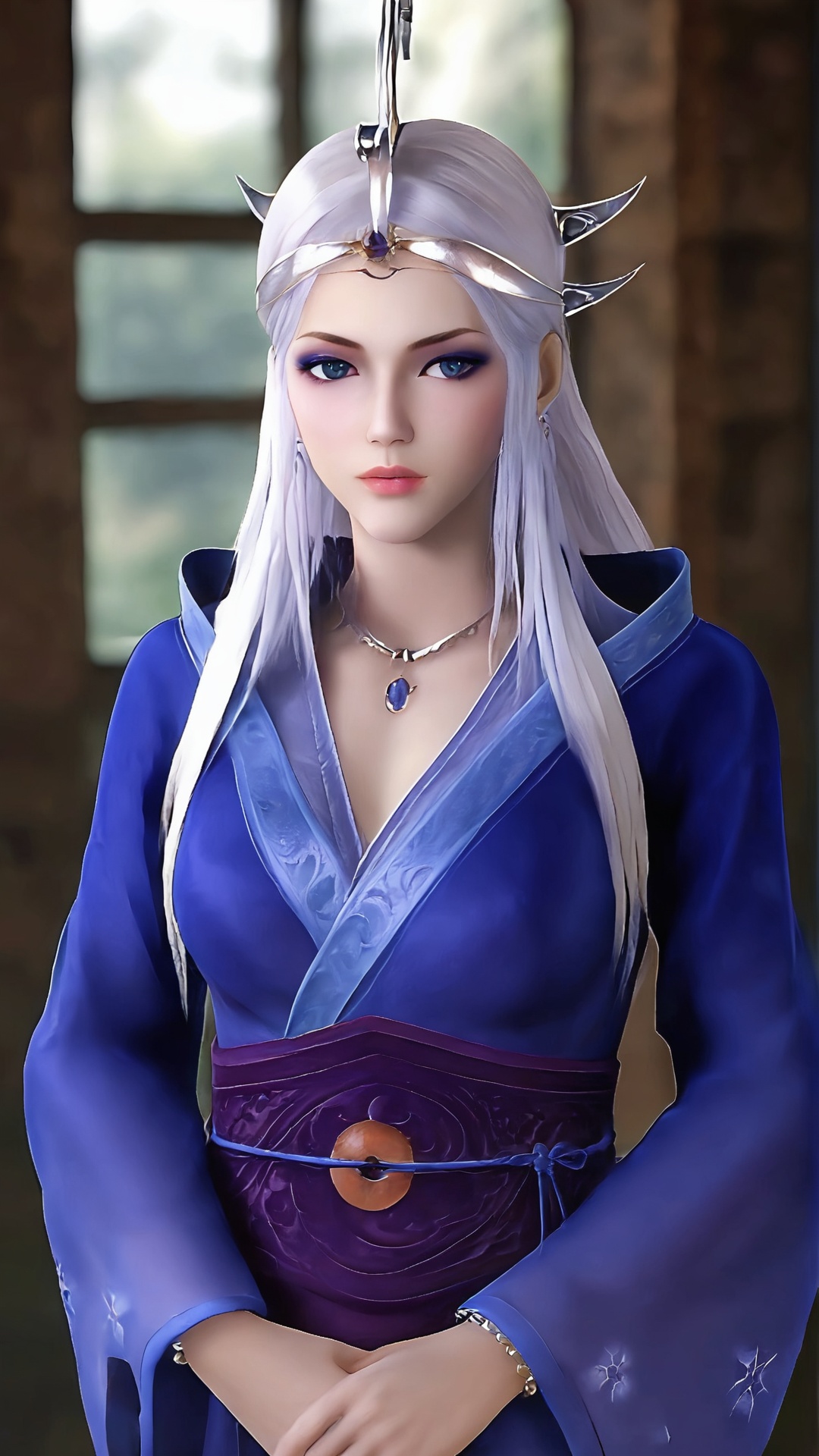 The image is a close-up portrait of a young woman with long white hair. She is wearing a blue traditional Chinese outfit with a high neckline and long sleeves. The outfit is made of a blue fabric with intricate patterns and designs. The woman is also wearing a silver headpiece with a large headpiece that resembles a dragon's head. The headpiece is made up of multiple spikes and spikes that are attached to the woman's head with a silver chain. She has a serious expression on her face and is looking directly at the camera. The background is blurred, but it appears to be an indoor setting with a stone wall and a window.,<lora:pony雪女:0.8>,