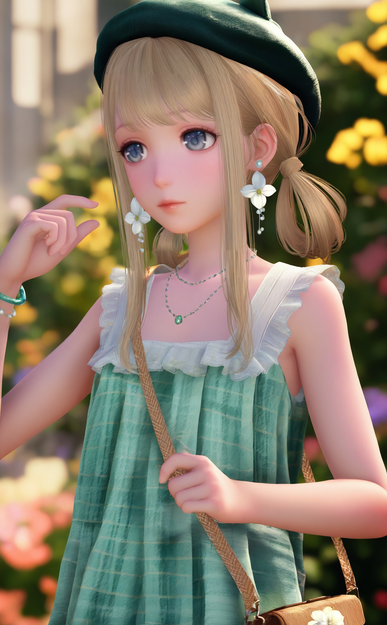 masterpiece,very aware,highres,absurdres,newest,best quality,loli,petite,high quality,chromatic_aberration,//,nuannuan,1girl,jewelry,solo,earrings,handbag,green_dress,dress,hat,bag,flower,necklace,plaid_dress,plaid,bracelet,sleeveless,blonde_hair,blurry,upper_body,hat_flower,blurry_background,blue_eyes,looking_to_the_side,sleeveless_dress,hair_rings,flower_earrings,twintails,closed_mouth,lips,outdoors,sidelocks,green_headwear,shoulder_bag,grey_eyes,realistic,//,realistic,//,official art,depth of field,detailed light,blurry background,best shadow,shiny skin,cinematic lighting,ray tracing,amazing quality,very aesthetic,absurdres,beast quality,ultra detailed,newest,8K,HDR,<lora:nuannuan2——【noob】hans:1>,