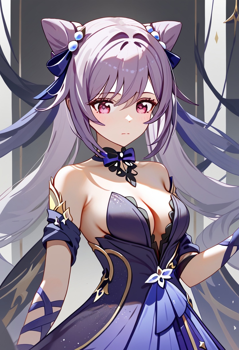a girl named keqing,keqing,official alternate costume,1girl,bare shoulders,<lora:刻晴皮肤pony:1>,, (score_9,score_8_up,score_7_up),(masterpiece,best quality,high quality:1.2),absurdres,