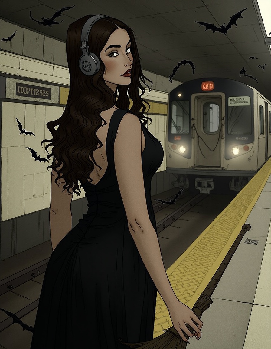 a woman wearing headphones and black dress,She is holding a magic broom and appears to be in the middle of a spell. ,standing on a train platform,approaching subway train in the background. The background is filled with bats.﻿﻿ <lora:F.1暗黑女巫-手绘线条插画V1_遥远的炼丹师:0.8>