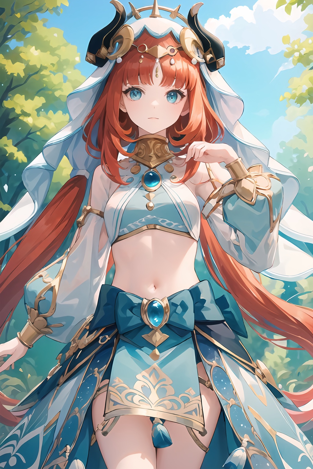 (masterpiece, best quality:1.2),insanely detailed,absurdres,ultra-highres,ultra-detailed,best quality,slender,kawaii,perfect symmetrical face,ultra cute girl,ultra cute face,ultra detailed eyes,ultra cute,ultra beautifu,<lora:nilou-000008:1>,nilou \(genshin impact\),1girl,veil,breasts,low twintails,nail polish,puffy long sleeves,jewelry,crop top,brooch,fake horns,gold trim,blue skirt,neck ruff,backless outfit,bare legs,headwear,tassel,forehead jewel,leg garter,gem,hair ornament,horned headwear,aqua eyes,outdoors,standing,back tattoo,