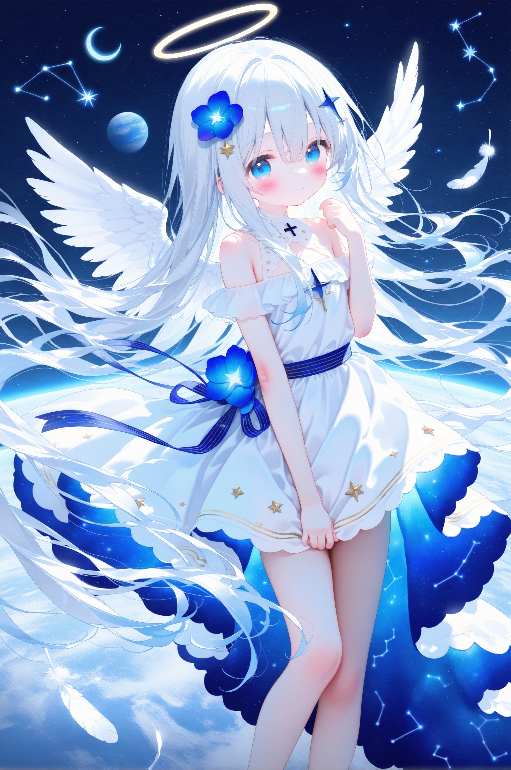 loli,1girl,angel,angel_wings,blue_eyes,blue_flower,constellation,crescent,cross,dress,feathered_wings,flower,hair_between_eyes,hair_ornament,halo,long_hair,looking_at_viewer,planet,solo,star_\(sky\),star_\(symbol\),star_hair_ornament,star_print,starfish,starry_background,starry_sky,very_long_hair,white_feathers,white_hair,white_wings,wings,