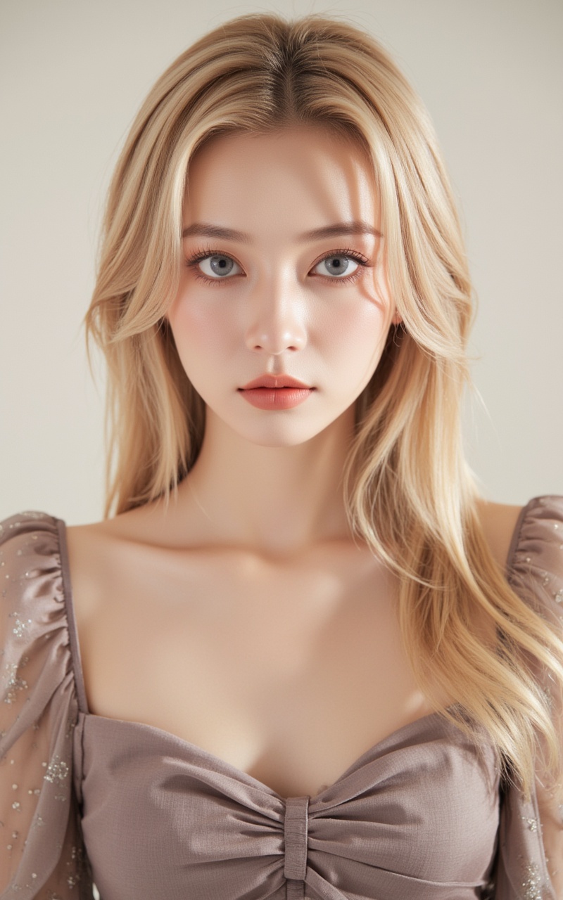 <lora:时尚滤镜10:0.2>,1girl,solo,blonde hair,long hair,grey eyes,upper_body,dress,realistic,absurdres,close-up,front view,<lora:皮肤质感10:0.8>,