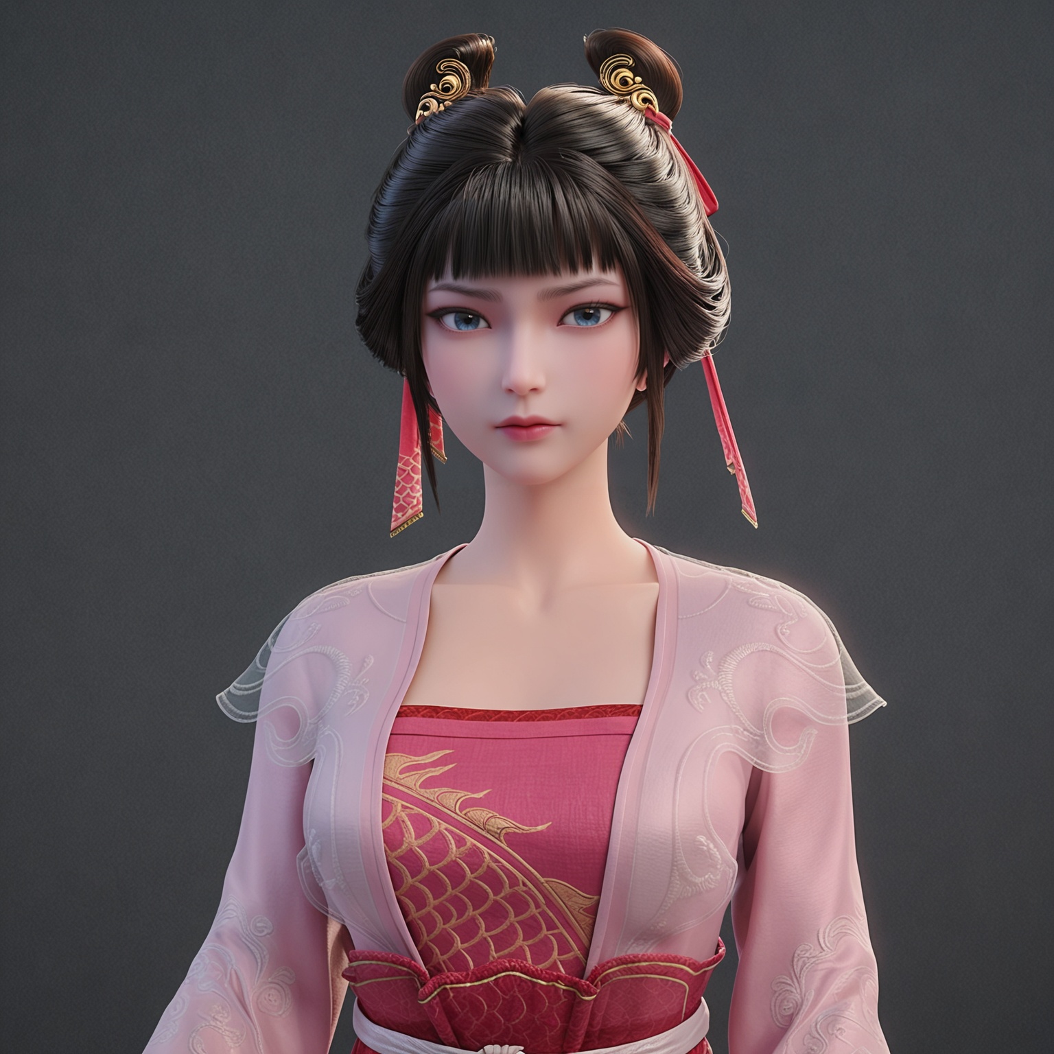 <lora:YQponyziguiV2:0.8>,q1528437228,solo,1girl,black_hair,chinese_clothes,realistic,hair_ornament,hair_bun,bangs,brown_eyes,long_sleeves,blunt_bangs,jewelry,dress,see-through,bracelet,hanfu,ribbon,hair_ribbon,single_hair_bun,black_eyes,korean_clothes,short_hair,double_bun,brown_hair,sash,hanbok,wide_sleeves,earrings,collarbone,red_ribbon,blue_eyes,japanese_clothes,pink_dress,pink_ribbon,sidelocks,bangle,BREAK score_9,upper_body,portrait,shiny_skin,looking at viewer,cinematic lighting,volumetric lighting,solo focus,(huge breasts:0.9),(simple background,pure black background,black background:1.1),