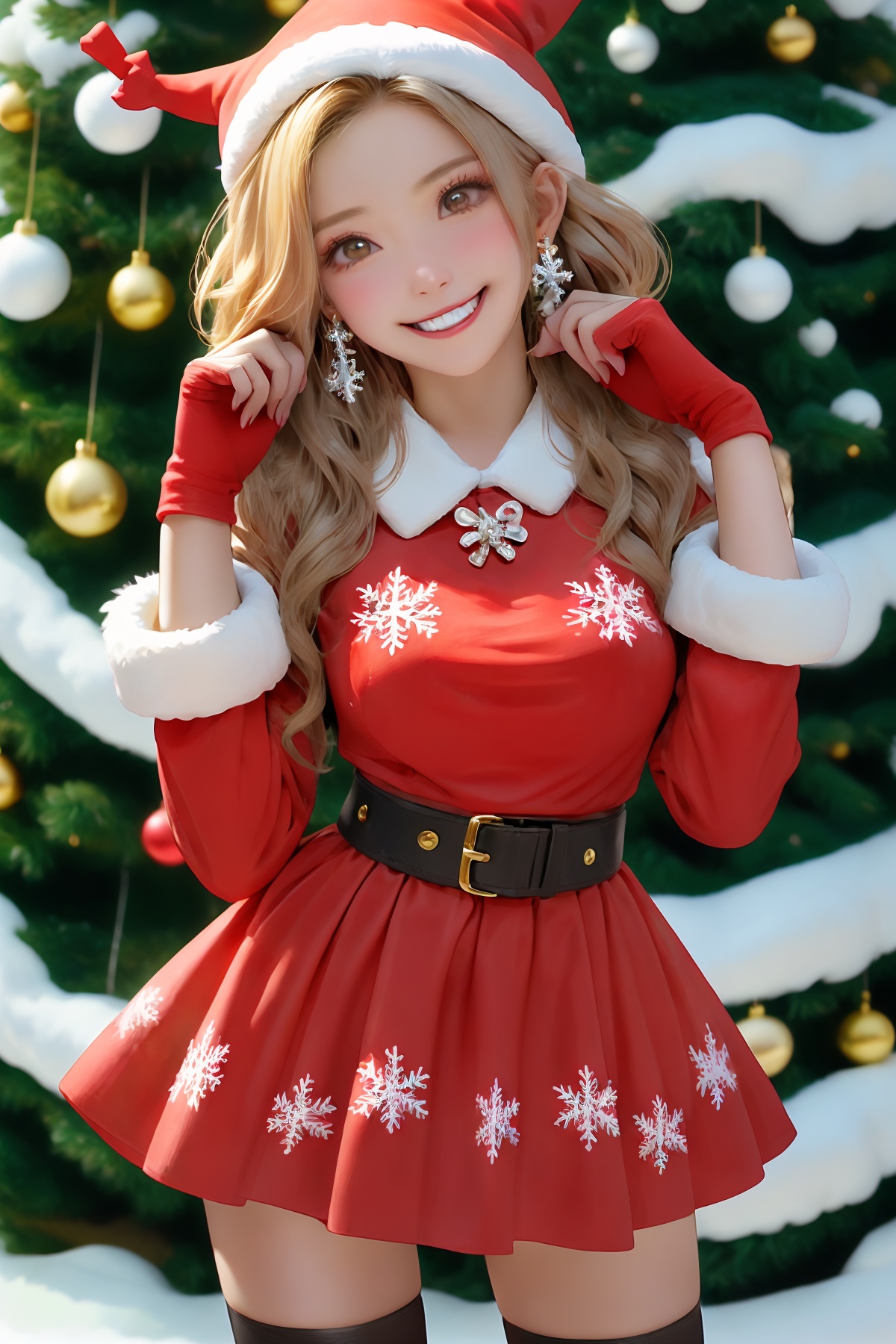 1girl, solo, smile, jewelry, hat, long hair, thighhighs, earrings, blurry background, looking at viewer, blurry, belt, santa hat, christmas, blonde hair, long sleeves, red headwear, black thighhighs, cowboy shot, red nails, breasts, nail polish, dress, red dress, skirt, grin, santa costume, zettai ryouiki, bell, fur trim, head tilt, black belt, blush, brown eyes, depth of field, snowflakes, standing, christmas tree, hand up, teeth<lora:shengdan:0.6>,normal fingers,