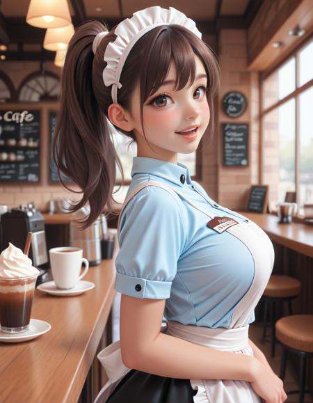 (masterpiece, best quality), 1 girl, Fair-skinned, blush, brown ponytail, dark-brown eyes, (large breast:0.8), upper body, smile, open mouth, (light-blue short sleeve shirt waitress outfit, mini skirt, apron, maid headband), cafe, look at viewer, from side, in focus with blurred background