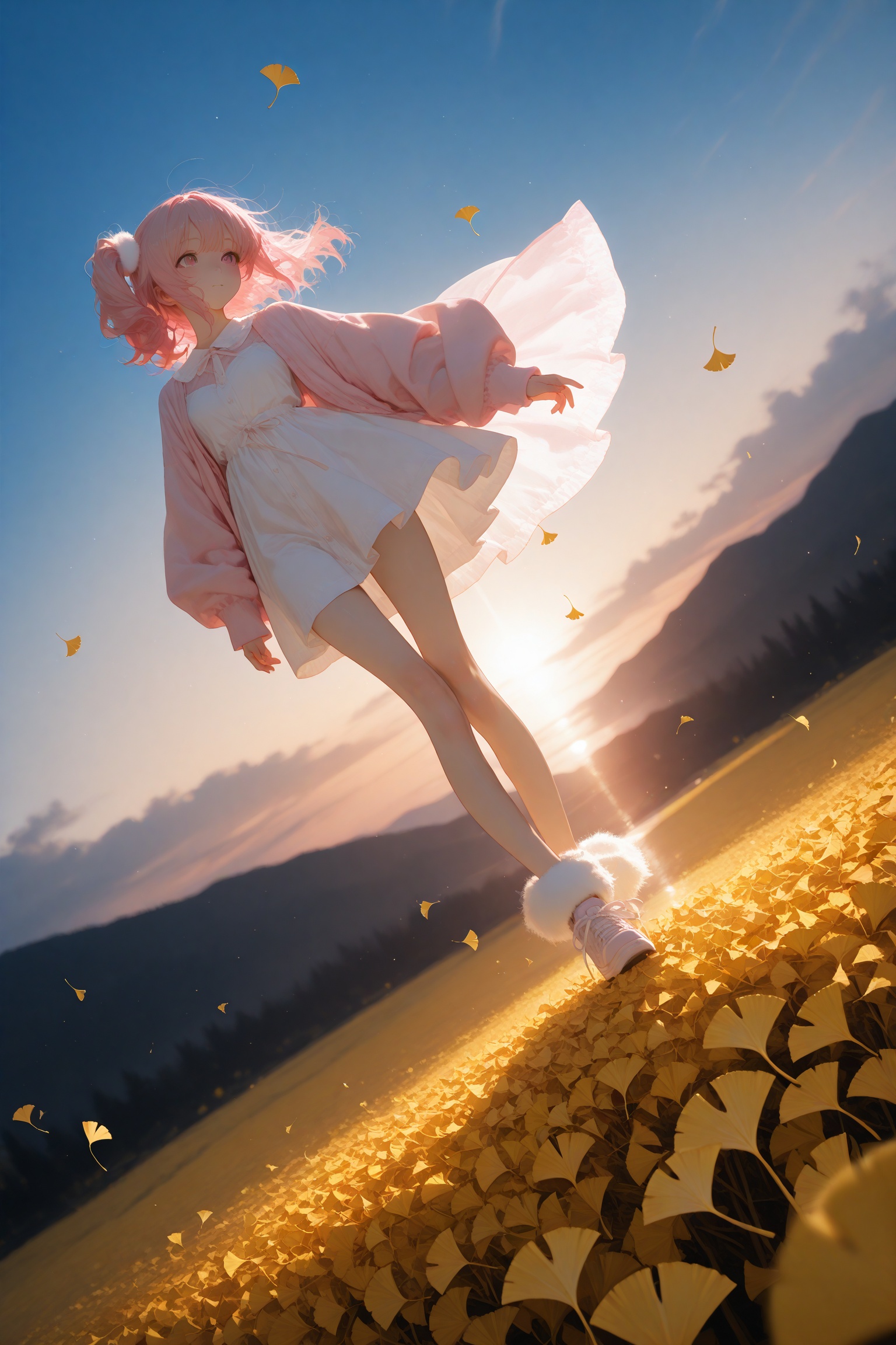 masterpiece,best quality,amazing quality,very aesthetic,absurdres,newest,beautiful scenery of the mountains and rivers,sunset,ginkgo leaves floating in the air,girls wearing cute clothes,fluffy hair,pink hair,Side ponytail,extreme aesthetic,in the style of fashion photography,light particles,Visual impact,sharp focus,Emotionalization,depth of field,scenery,dutch angle,
