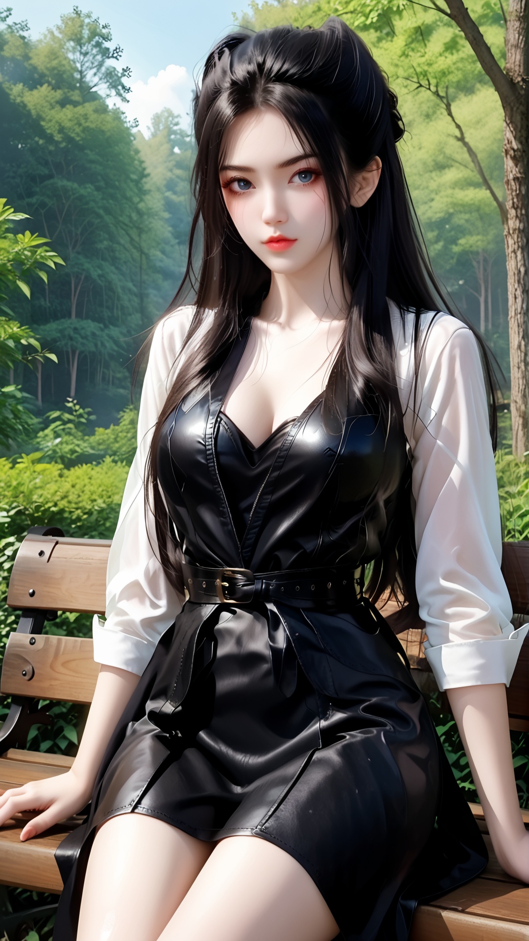 The image is a digital illustration of a young woman sitting on a wooden bench in a park. She is wearing a black leather dress with a plunging neckline and a belt around her waist. Her long dark hair is styled in loose waves and falls over her shoulders. She has a serious expression on her face and is looking directly at the camera. The background is filled with trees and greenery, and the sky is blue. The overall mood of the image is peaceful and serene..,<lora:pony焰:0.8>,