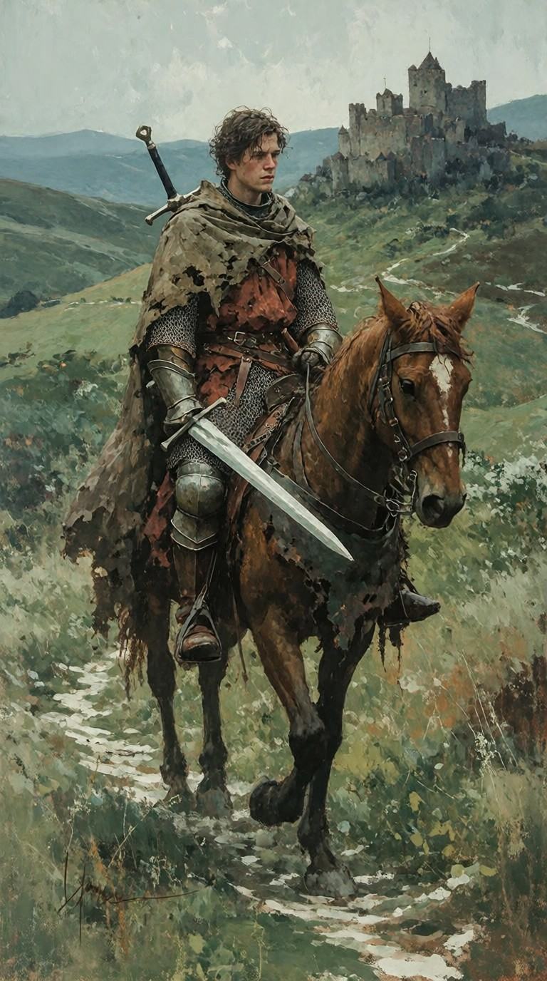 medieval fantasy,  lone knight,  horse riding on Tensor.Art