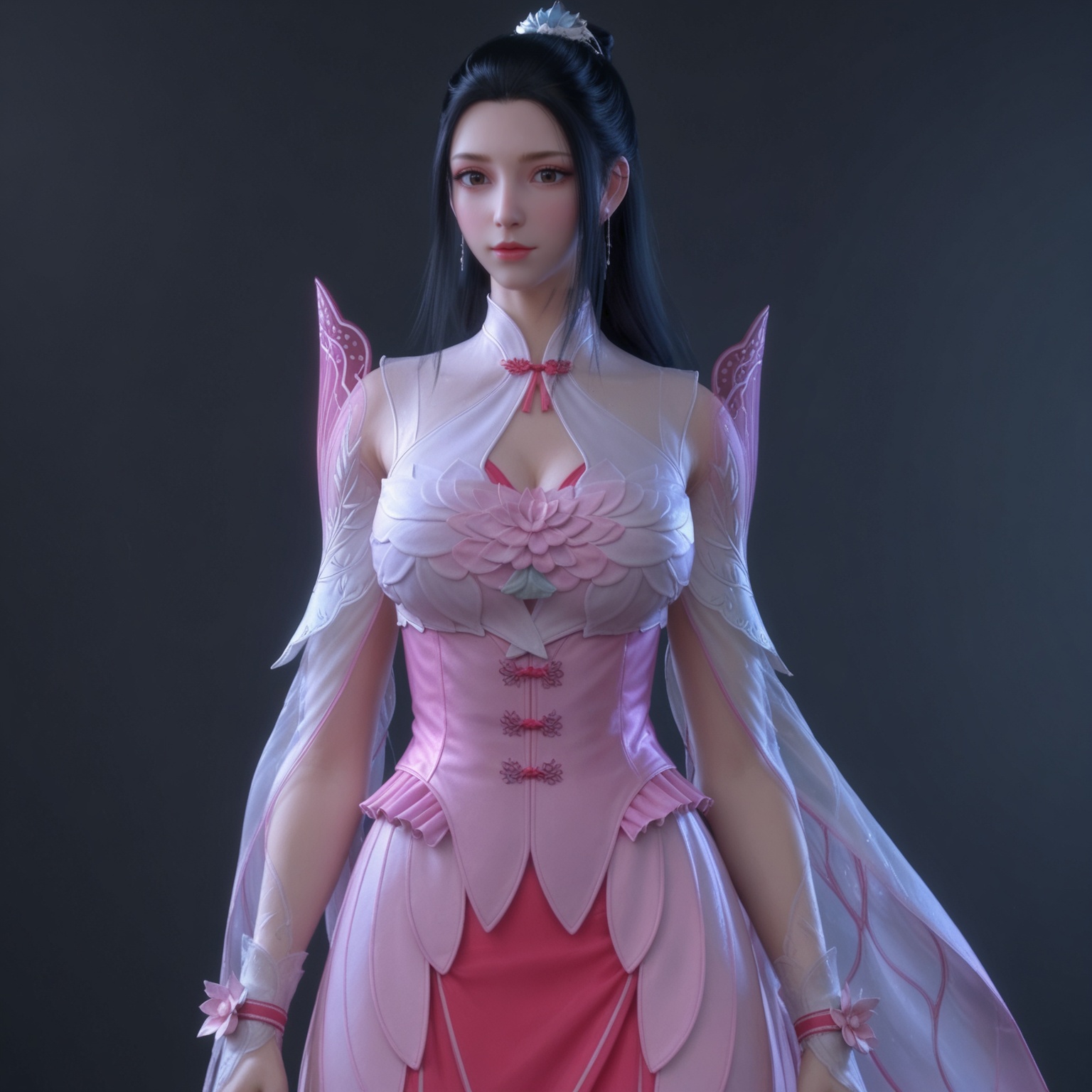 <lora:YQponyxuner_fenyiV4:0.8>,1girl,q1528437228,solo,black_hair,long_hair,dress,hair_ornament,pink_dress,ponytail,jewelry,hair_bun,earrings,see-through_sleeves,see-through,single_hair_bun,long_sleeves,skirt,brown_eyes,corset,flower,white_dress,realistic,thighhighs,cleavage_cutout,BREAK score_9,upper_body,portrait,shiny_skin,looking at viewer,cinematic lighting,volumetric lighting,solo focus,(huge breasts:0.9),(simple background,pure black background,black background:1.1),