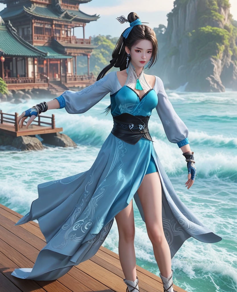 (oriental architecture, elegant decor, sophisticated style:1.1),(paddleboarding,huge waves:1.1),(breasts:1.2),<lora:XLCG师兄蓝灵娥:0.95>,miss lanlinge,blue dress,brown eyes,black hair,low-tied long hair,hair ornament,hair bun,sash,puffy sleeves,fingerless gloves,earrings,jewelry,, score_9,score_8_up,score_7_up,score_6_up,score_5_up,score_4_up,3d rendering,tag1,tag2, Cinematic Lighting,backlighting,