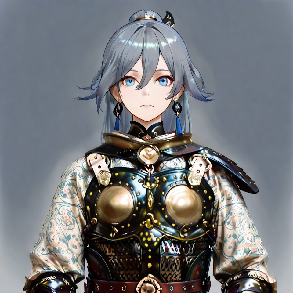 masterpiece, best quality,(grey background:1.2),looking at viewer,SOLO,simple background  fu_hua,armor,blue eyes,hair between eyes,boots,grey hair,shoulder armor,gauntlets,breastplate,ponytail,in the face,tassel,sheath,sheathed,, earrings, jewelry<lora:甲胄1-ill:0.8>