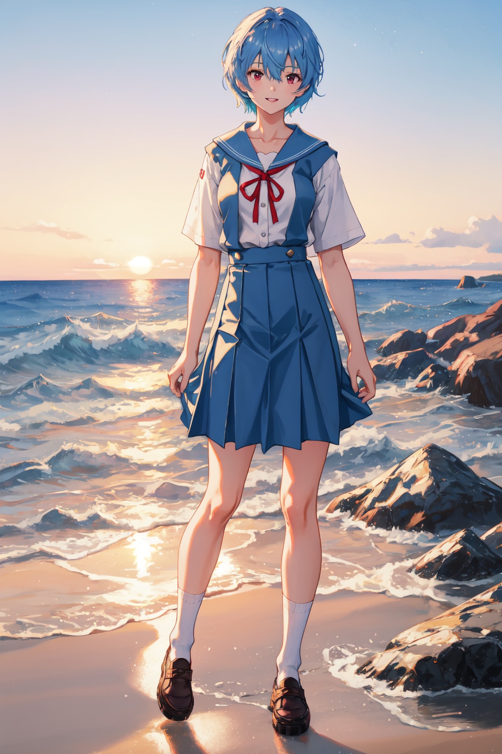 <lora:Rei-000011:0.6>,Rei CYQL,1girl,looking at viewer,solo,blue hair,red eyes,hair between eyes,medium breasts,Rei School,short hair,tokyo-3 middle school uniform,collarbone,white shirt,short sleeves,red ribbon,white sailor collar,blue skirt,suspender skirt,black socks,white shoes,;d,cowboy_shot,Rocky beach,Campfire,Midnight,Firelight,Waves crashing,Serenity,(Coastal wildflowers, Sand dunes, Coastal breeze, Wildflower explosion, Coastal landscape, Sunset hues:0.5),beautiful detailed sky,beautiful detailed glow,posing in front of a colorful and dynamic background,masterpiece,best quality,beautiful and aesthetic,contrapposto,female focus,wallpaper,