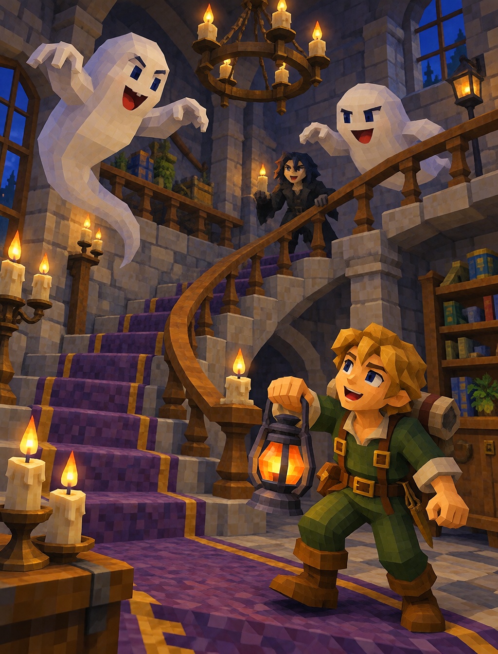 A spooky but cartoony haunted castle interior with floating candles,  purple carpets,  round ghosts on Tensor.Art