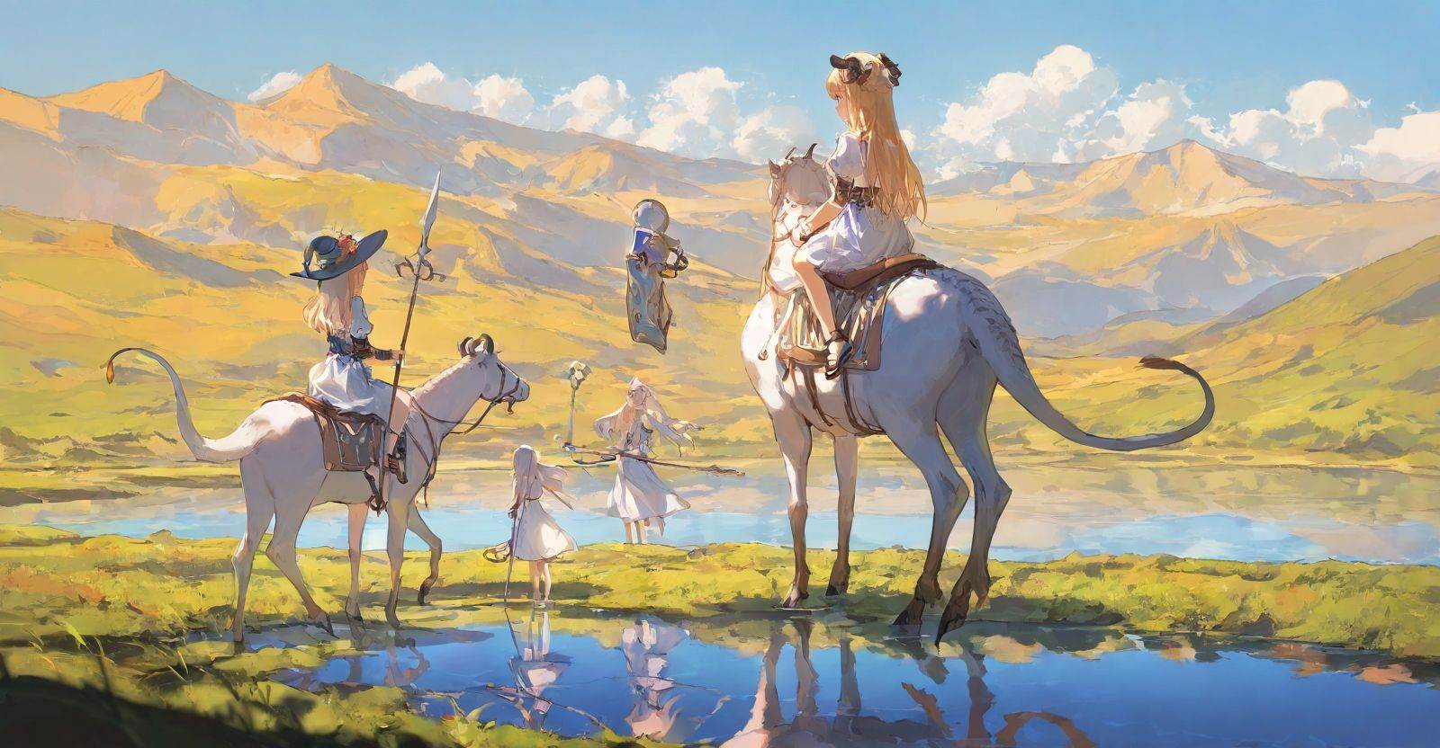 highres,extremely detailed 8k wallpaper,illustration,depth of field,great quality,masterpiece,best quality,amazing quality,very aesthetic,absurdres,Japanese fantasy style,artist:ciloranko BREAK<lora:Japanese fantasy style:0.8>, -multiple girls, outdoors, weapon, sky, day, holding, water, mountain, 2girls, cloud, long hair, polearm, standing, dress, horns, blonde hair, holding weapon, blue sky, white dress, scenery, riding, hat, staff, animal, mountainous horizon, white hair, reflection, holding polearm, lake