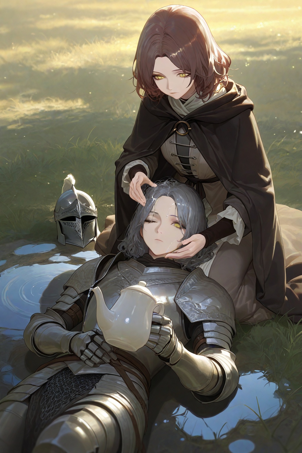 extreme aesthetic, (1boy, 1girl:1.2), melina \(elden ring\), tarnished \(elden ring\), elden ring, kneeling, yokozuwari, knight, helmet, armor, lap pillow, lying, on back, one eye closed, looking down, expressionless, yellow eyes, holding teapot, pouring, pouring onto another's head, water puddle, artist:wanke, artist:tianliang duohe fangdongye, (artist:modare:1.1), artist:ask \(askzy\), outdoors, grass,