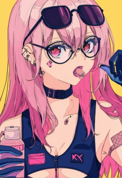 masterpiece, best quality,1girl, solo, pink hair, tongue, colored tongue, tongue out, bandaid, eyewear on head, gloves, bottle, long hair, piercing, pink eyes, upper body, bandaid on arm, blue tongue, collar, looking at viewer, breasts, cleavage, multicolored hair, glasses, tongue piercing, yellow background , <lora:焦茶XLlokr8f-000188:0.95>