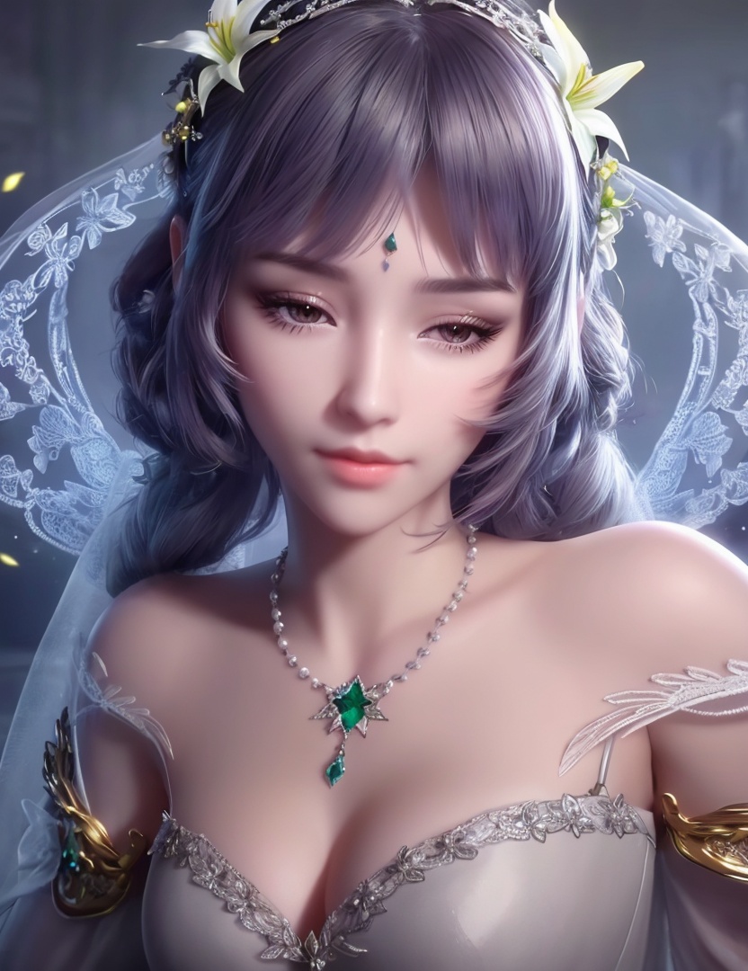 ultra realistic 8k cg, picture-perfect face, flawless, clean, masterpiece, professional artwork, famous artwork, cinematic lighting, cinematic bloom, perfect face, beautiful face, fantasy, dreamlike, unreal, science fiction,   lace, lace trim, lace-trimmed legwear,  (rich:1.4), prestige, luxury, jewelry, diamond, gold, pearl, gem, sapphire, ruby, emerald, intricate detail, delicate pattern, charming, alluring, seductive, erotic, enchanting, hair ornament, necklace, earrings, bracelet, armlet,halo((,1girl, pov,))  ((, 1girl, solo, star_\(symbol\),lily \(flower\),hair flower, wedding dress, jewelry))<lora:DA_BaiChenXiang:0.6>