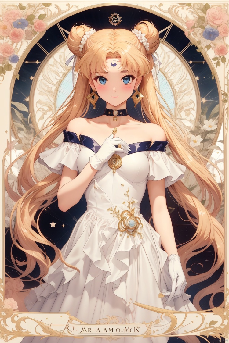 1girl, solo, long hair, looking at viewer, blush, bangs, blue eyes, blonde hair, gloves, dress, bare shoulders, twintails, jewelry, very long hair, closed mouth, collarbone, flower, earrings, white gloves, off shoulder, hair bun, star \(symbol\), white dress, character name, parted bangs, double bun, facial mark, crescent, arm behind back, forehead mark, off-shoulder dress, crescent facial mark, art nouveau, tsukino usagi<lora:EMS-33085-EMS:0.600000>, <lora:EMS-298504-EMS:0.200000>