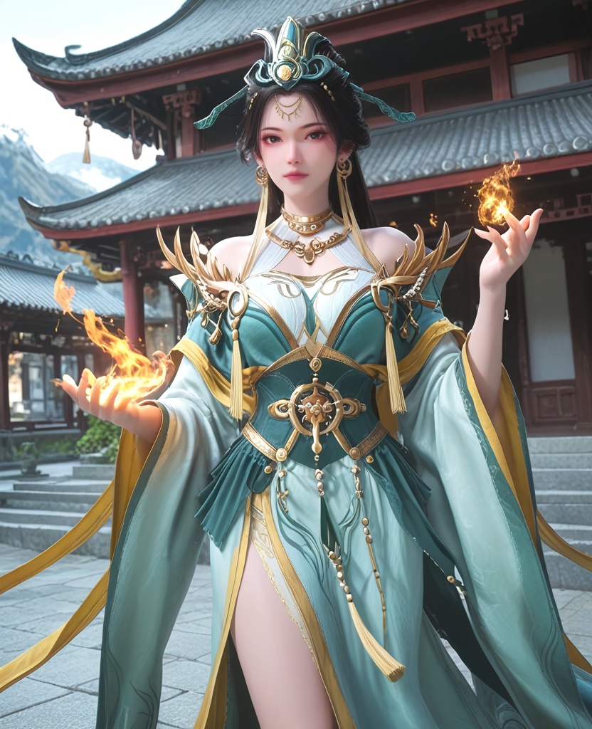(oriental architecture, elegant decor, sophisticated style:1.1),(practicing martial arts,fire punch:1.1),(breasts:1.2),<lora:XL师兄啊王母娘娘:0.95>,empress,aque dress paired with a green tight corset,black hair,long hair,hair bun,hair ornament,tassel earrings,jewelry,tassel,double cuffs,choker,bare shoulders,see-through decorative chiffon,black eyes,, score_9,score_8_up,score_7_up,score_6_up,score_5_up,score_4_up,3d rendering,tag1,tag2, Cinematic Lighting,backlighting,