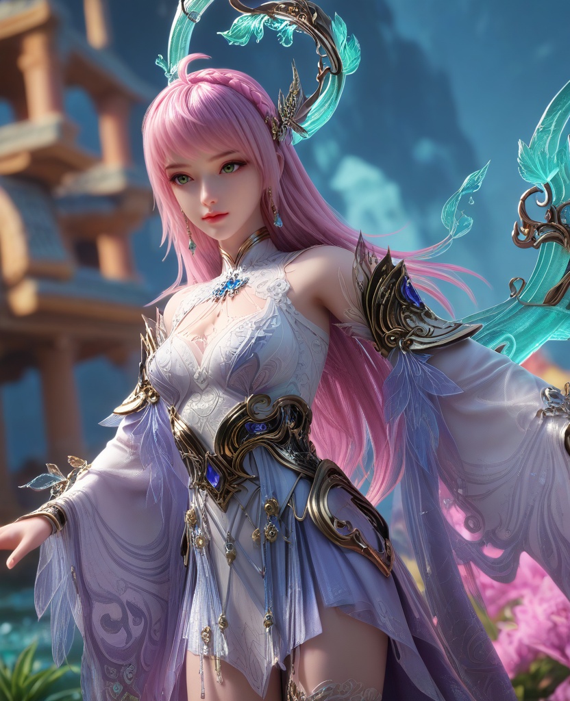 (oriental architecture, elegant decor, sophisticated style:1.1),(Arms outstretched, as if presenting something:1.1),(breasts:1.2),<lora:XL16克金玩家林紫玥转职:0.95>,miss linziyue,lavender tiered high-low dress,green eyes,pink hair,ahoge,long hair,half-up crown braid with long cascading hair,jewelry,earrings,rerebrace,sash,detached sleeves,white single thighhigh with embroidery,crystal halo,, score_9,score_8_up,score_7_up,score_6_up,score_5_up,score_4_up,3d rendering,tag1,tag2, Cinematic Lighting,backlighting,, zPDXL3, zPDXL2,zPDXL, zPDXLxxx, zPDXLrl,