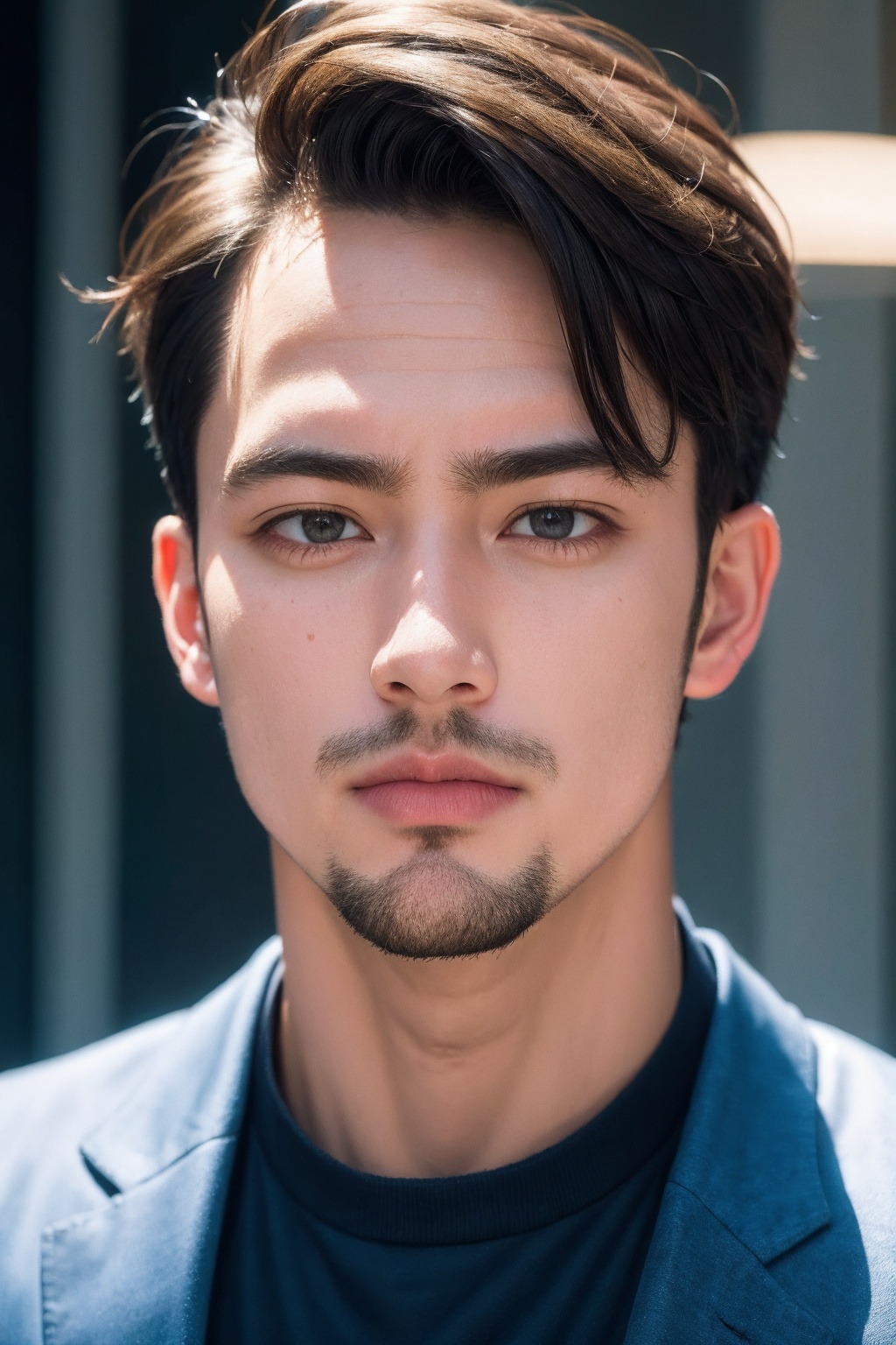 realistic, solo, photorealistic, male focus, 1boy, looking at viewer, shirt, brown eyes, short hair, brown hair, black shirt, jacket, facial hair, closed mouth, grey jacket, portrait