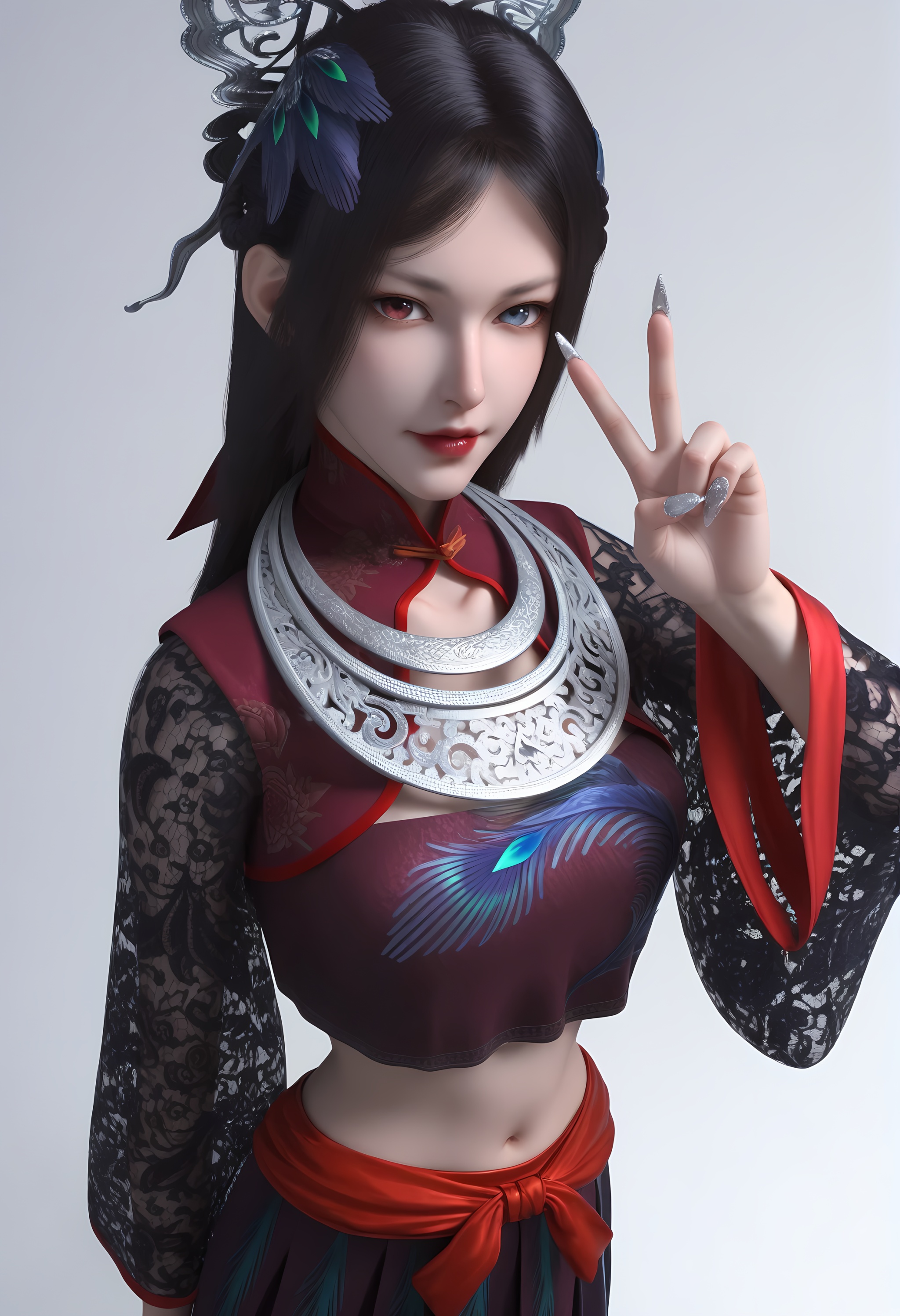 (score_9),cowboy shot,standing,<lora:慕雨墨-apony:0.83>,muyumo,1girl,solo,heterochromia,hair ornament,black hair,feather hair ornament,long hair,braid,high collar,silver collar,crop top,lace sleeves,midriff,red sash,skirt,mature_female,collarbone,cleavage,navel,groin,mound_of_venus,BREAK<lora:Expressive_H-000001:0.8>,light blush,Expressiveh,dutch angle,dynamic_angle,from above,selfie,v sign,closed mouth,manicure,<lora:e肤色滑块:0.35>,fair_skin,(pale skin),(white_skin),ultra-detailed skin texture,detailed textures,<lora:皮肤凹痕:1.2>,BREAKsimple background,4K ultra HD,sharp focus,high detail,high contrast,