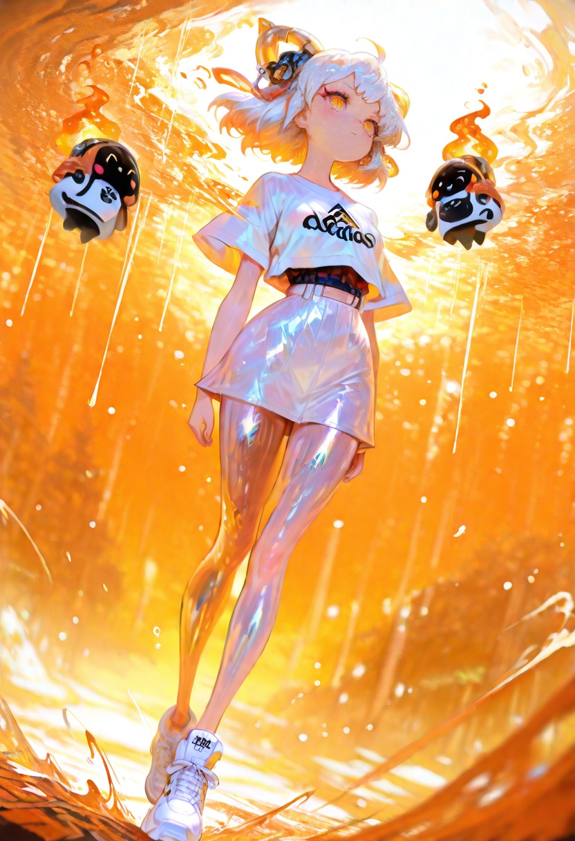 best_quality,masterpiece,cute painting style,perfect body,wide hips,slim waist,thin legs,thin waist,full body,shiny skin,kitsune_saiguu,Adidas T-shirt,miniskirt,White Adidas sneakers,depth of field,dutch angle,photorealistic,shiny skin,vibrant,(distant shot:1.2),masterpiece,best quality,amazing quality,very aesthetic,absurdres,newest,volumetric lighting,looking at viewer,8k,dynamic angle,illustration,intricate details,tiger_orange background,dynamic posing,vibrant illustration,fashion details,(floating a chibi character:1.2),wearing matching colors,long_legs,longeyelashes,closed mouth,