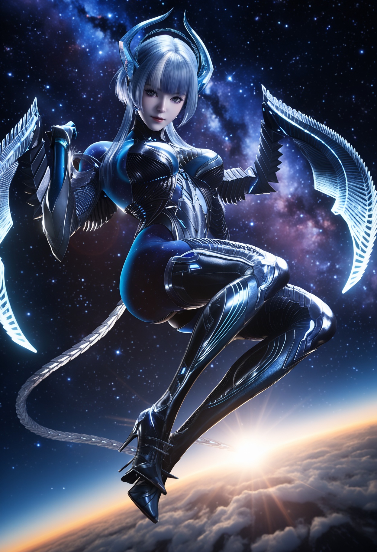masterpiece,best quality,amazing quality,high resolution,ultra-detailed,absurdres,(looking at viewer:1.1),(moody lighting:1.1),cosmic,nebula,starry,galaxy BREAK large breasts,babata,1girl,solo,blue hair,short hair,horns,bodysuit,blue eyes,wings,blue skin,blunt bangs,tail,short hair with long locks,sidelocks,grey hair,black eyes,armor,headgear,white hair,high heels BREAK photorealistic details,<lora:QQSillbabataV1:0.8>,