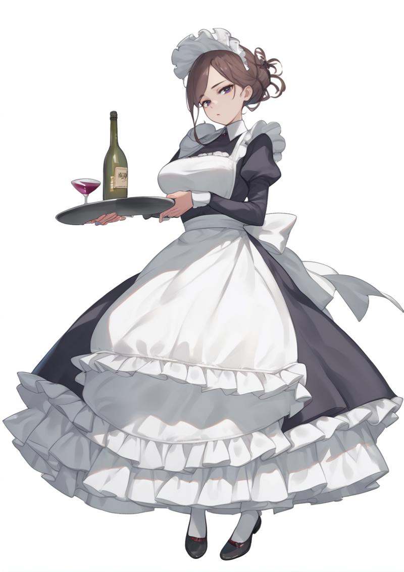 1girl alcohol big breasts apron black_footwear bottle brown_hair dress frying_pan full_body hat knife long_dress looking_a...