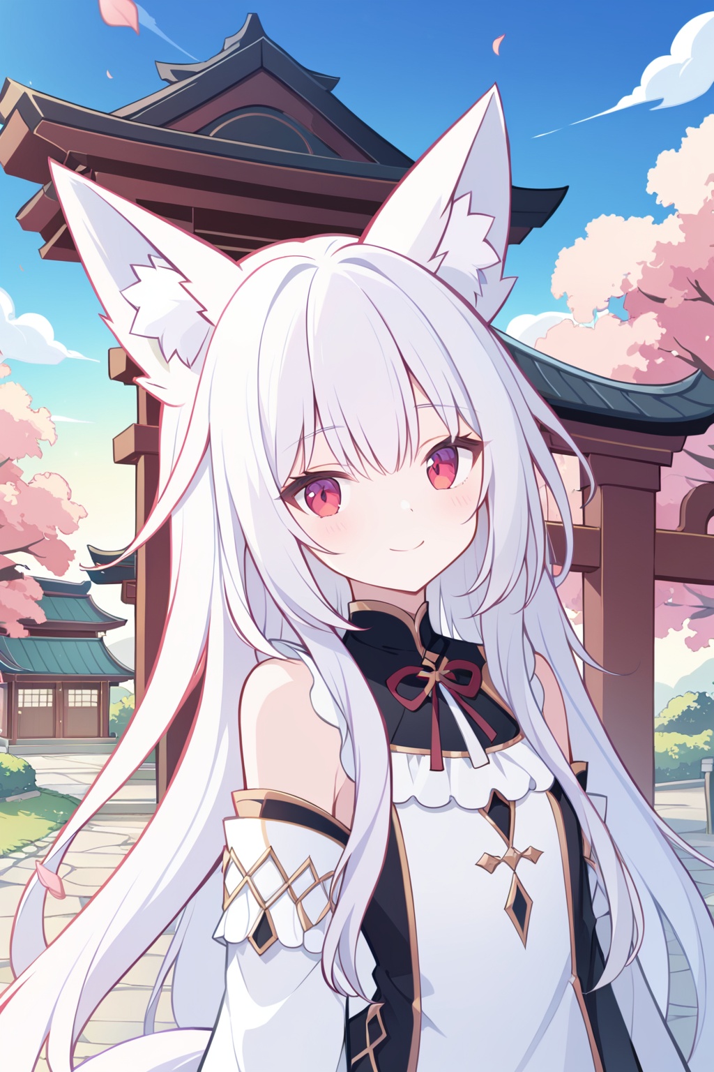 (((masterpiece))),(illustration:1.3),(((best quality))),amazing,detailed unity 8K CG wallpaper,ultra detailed,((1 14_years_old girl:1.1)),((fox girl)),(fox_ears),cowboy shot,long delicate_and_intricate white hair and white marble glowing skin,long hair,solo,beautiful pony_tail,beautiful glowing red eyes,delicate_and_intricate face,flowers on face,growth,nature,beautiful face,zoom in on eyes,standing,smile,(shy),(gorgeous [Gothic_Lolita:kimono:0.6] chiya),super detailed clothes,(extremely detailed background),torii,garden,stone brick road,fallen sakura_petals,pink_sakura_trees,spring,detailed sky and cloud,best lighting,sunburst,outline_shadow,incredibly_absurdres,<lora:liyueFP8-000002:0.6>,