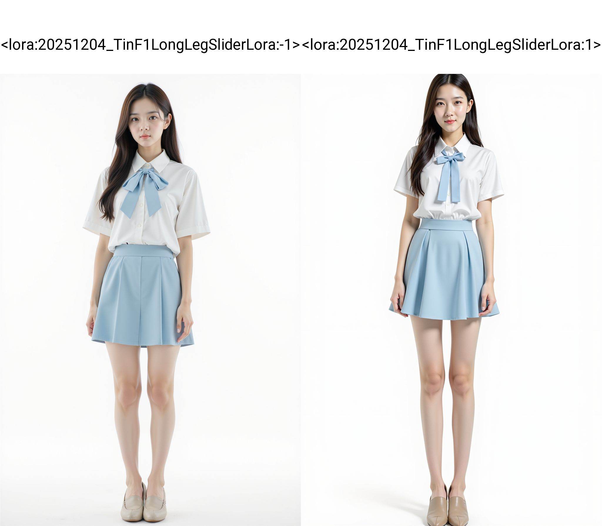 A young woman stands. She wears a white short-sleeved collared shirt paired with a light blue tie that has a bow at the co...