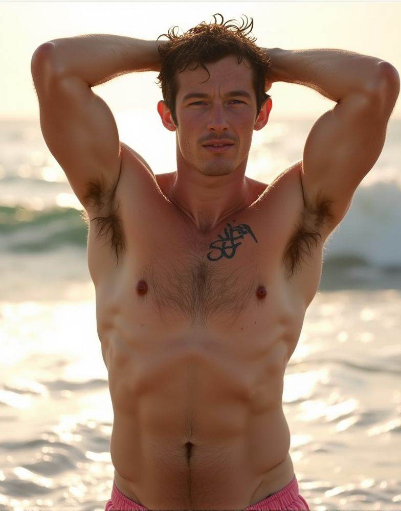 Callum Turner ,  A HD high-quality close-up photo. stepping out of the ocean. water cascading down his toned chest and arm...