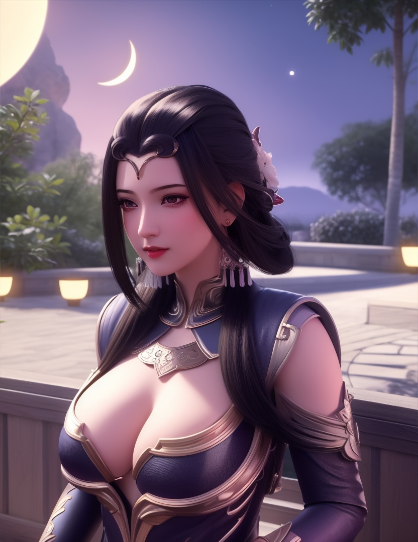 <lora:529-DA-诛仙-幽姨:0.8>(,1girl, ,best quality, ),looking at viewer,  ,,ultra detailed background,ultra detailed background,ultra realistic 8k cg, ,masterpiece, (( , )),, realistic,science fiction,mole, ultra realistic 8k cg, ,     ,crescent moon, jasmine \(flower\),     (cleavage), (),