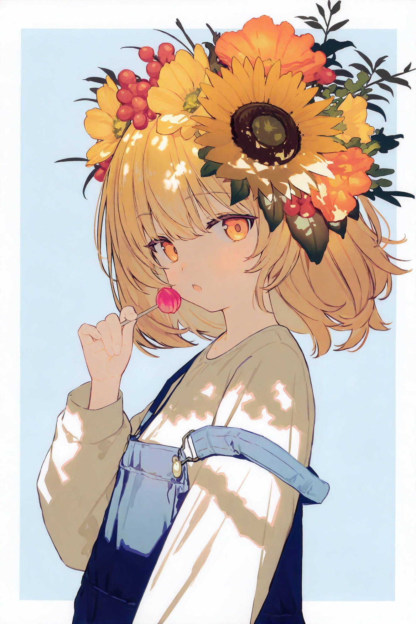 loli,1girl,solo,food,flower,blonde hair,overalls,hair flower,hair ornament,candy,sunflower,looking at viewer,lollipop,medium hair,holding,blue overalls,upper body,shirt,holding food,white shirt,orange eyes,open mouth,holding candy,yellow eyes,border,long sleeves,holding lollipop,white border,yellow flower,simple background,sunflower hair ornament,dappled sunlight,hand up,outside border,blue background,from side,two-tone background,strap slip,short hair,sunlight,:o,(masterpiece,best quality,highres,absurdres,best quality,amazing quality,very aesthetic,absurdres),