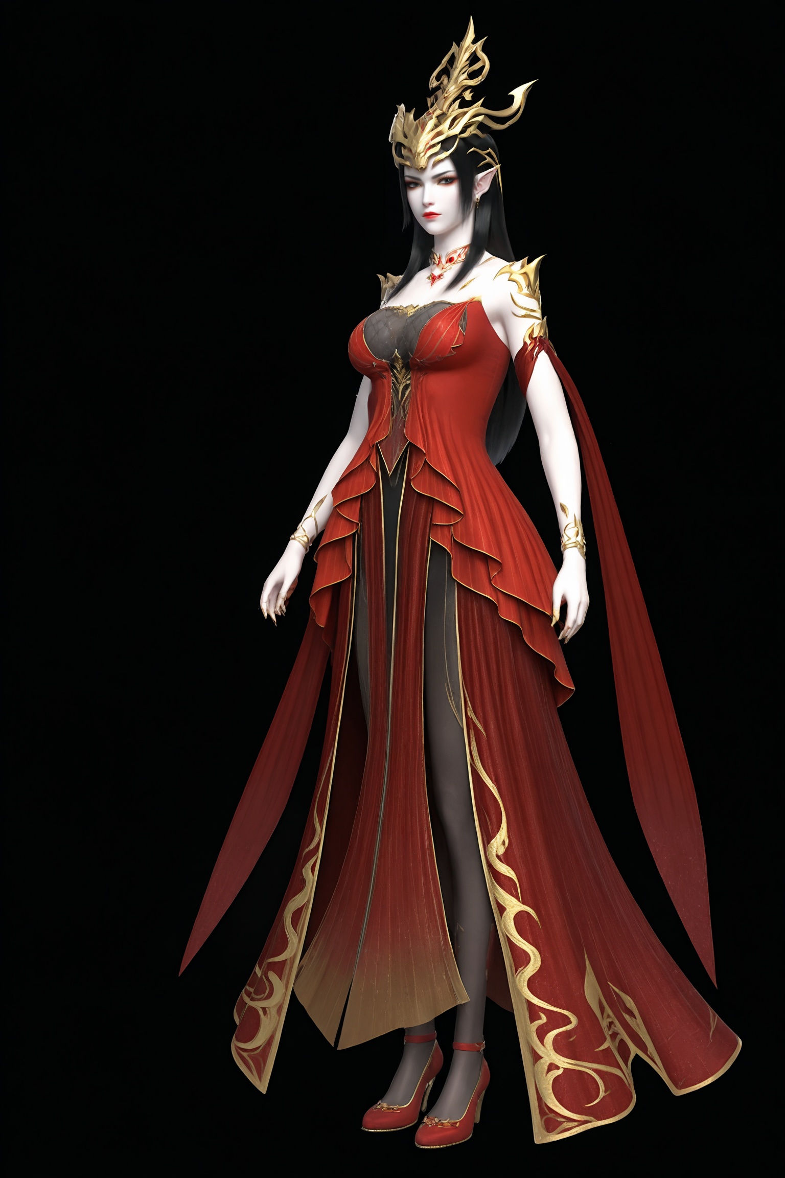 black background,standing,looking at viewer,1girl,mds\(dpcq\),black hair,long hair,pantyhose,pointy ears,jewelry,pale skin,bare shoulders,pantyhose,red dress,red footwear,