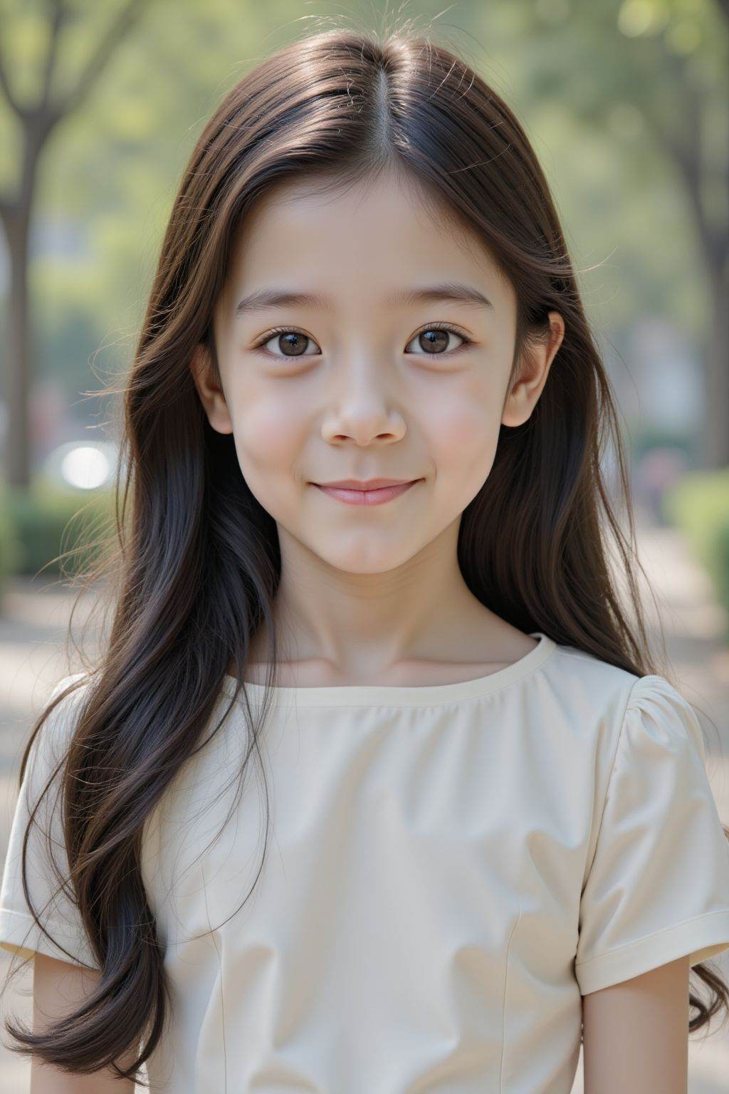 HDR photo of cinematic film still, A 10 y.o. female, black long hair, looking at the viewer, smirk, shiny skin, pale skin, close up. She is wearing a white boatneck dress, She is standing in an outdoor setting with blurred greenery in the background, possibly a park. The overall mood of the image is calm and introspective.