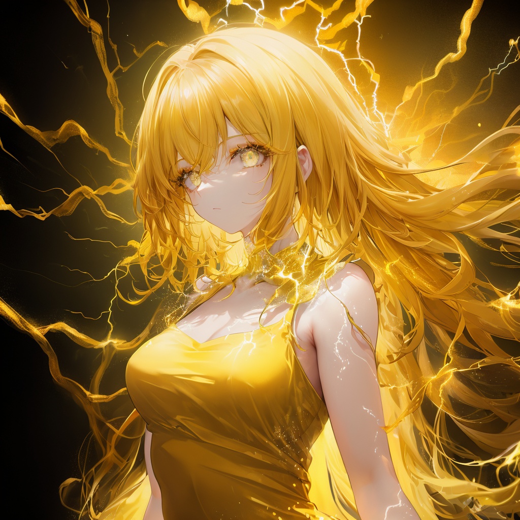 masterpiece,best quality, ultra-detailed, 1girl, beautiful detailed eyes, beautiful detailed glow, detailed lightning, beautiful detailed lightning,  long hair, lightning,glowing,electricity,gradient,light,(((yellow dress))),yellow Theme,Lightning hair,fully body,makeup <lora:ldv2-000008:0.5>，Lightning surrounds the body