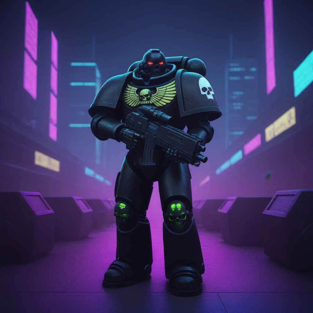 a black spacemarine robot,  cyberpunk city background,  night on Tensor.Art