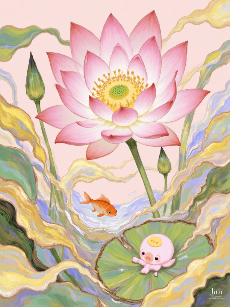 bai,A vibrant digital illustration in a soft,pastel style depicts a serene pond scene. A large pink water lily with a yellow center floats amidst floating yellow and green lily pads. A small,cute,orange fish swims beneath,and a tiny,smiling,pink creature with a yellow dot head rests on a lily pad. The background is a warm pink.,