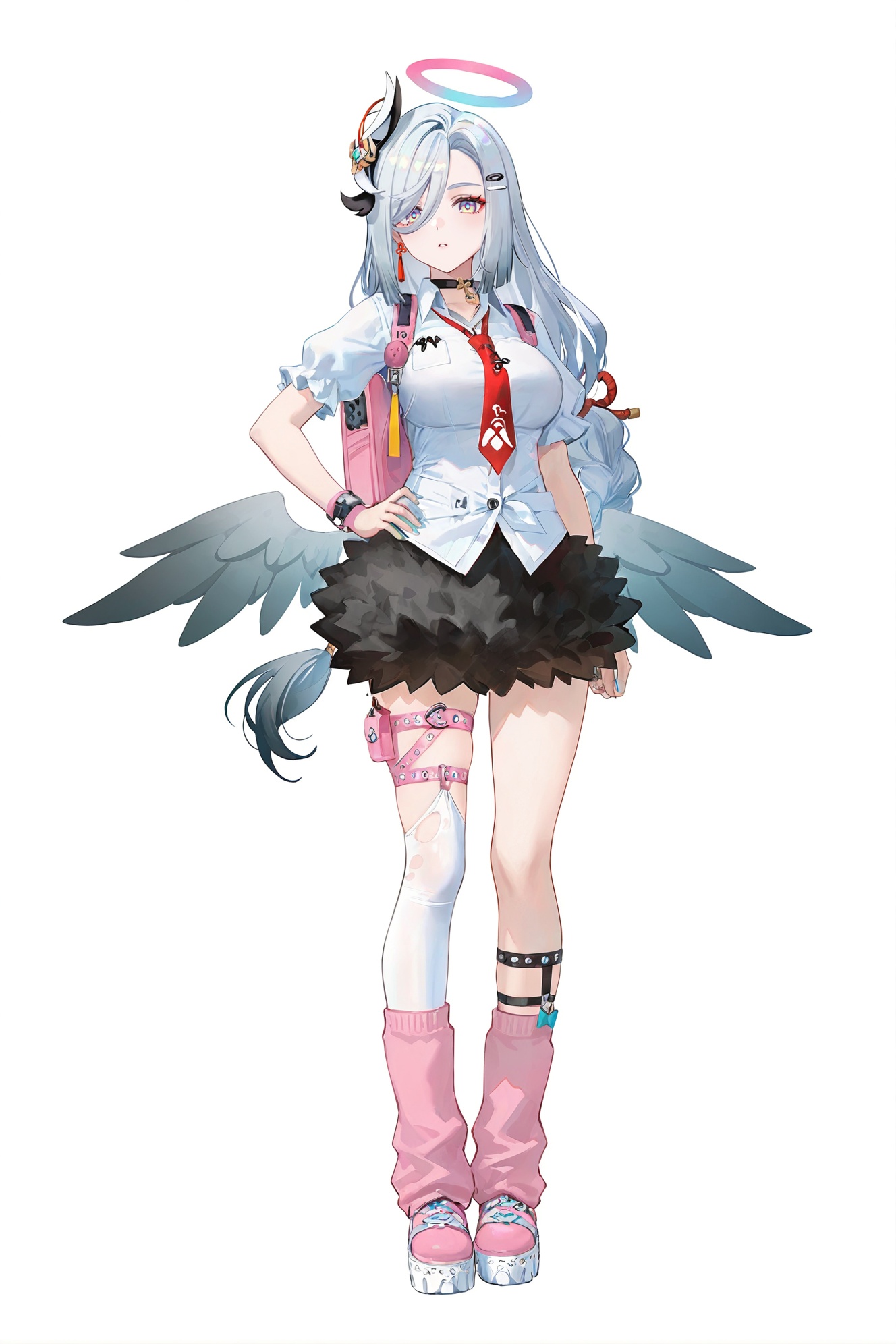 8k,best quality,masterpiece,(ultra-detailed),(high detailed skin),((artist:reoen),(artist:fuzichoco),(artist:atdan),(artist:torino_aqua),year 2024:0.8)1girl,[artist:wlop],[artist:ningen_mame],artist:ciloranko,[[artist:rhasta]],artist:tidsean,colorful,full body,full shot,standing,(solo:1.2),simple background,(white background:1.2),hand on own hip,(white background:1.1),looking at viewer,shenhe \(genshin impact\),large breasts,<lora:Sunna-will-Tanger-000014:0.8>,clothes: def-aido white shirt with balck skirt,asymmetrical legwear,1girl,skirt,shirt,jewelry,short sleeves,earrings,wings,necktie,choker,wings,hairclip,halo,pink backpack,white single torn thighhigh,