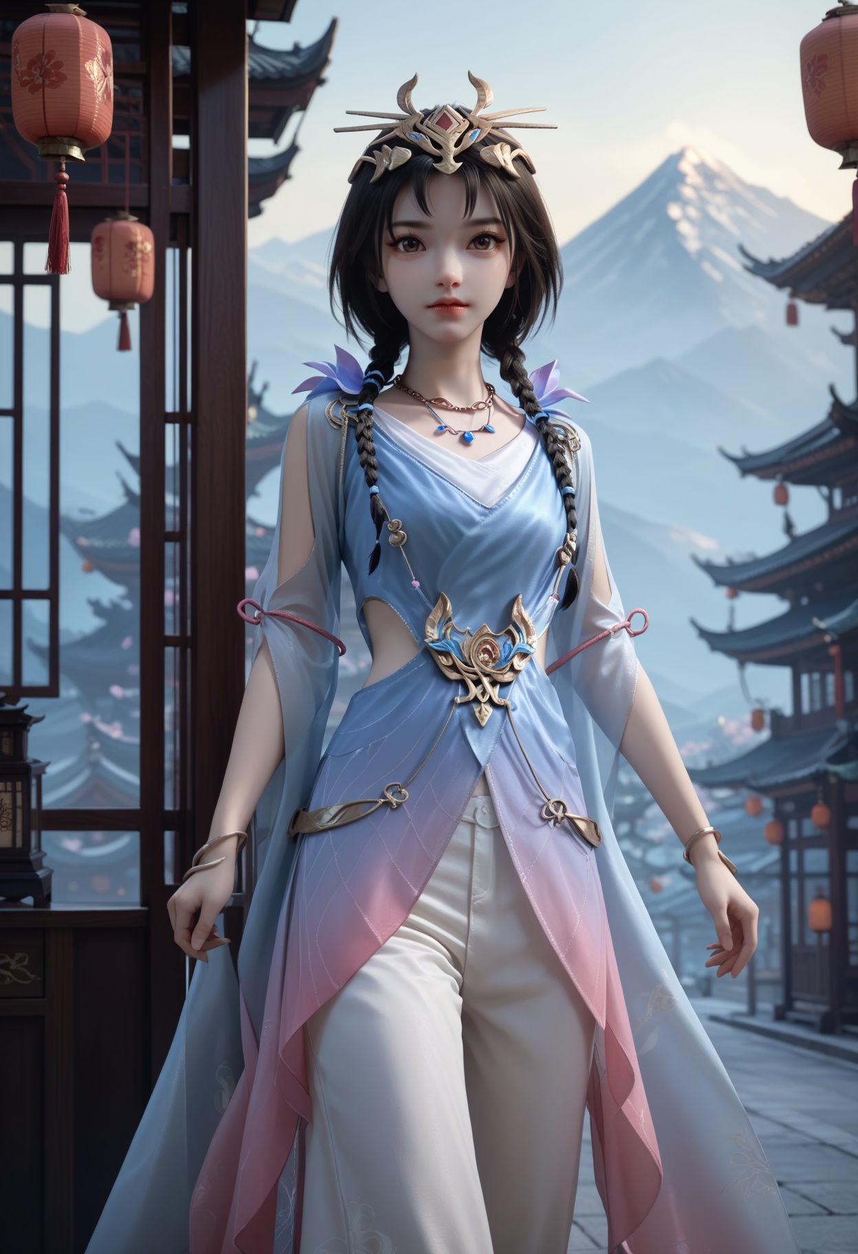 Ling,1girl,black hair,short hair,brown eyes,looking at viewer,jewelry,braid,necklace,twin braids,hair ornament,brown eyes,bracelet,<lora:Ling25_pony-000002:0.75>,white pants,blue dress,score_9,score_8_up,score_7_up,score_6_up,score_9,score_8_up,score_7_up,score_6_up source_anime,looking at viewer,standing,lantern,open window,looking at viewer,indoors,mountains,blossoms,flowers,east asian architecture,beautiful sunrise,warm ambient temperature,