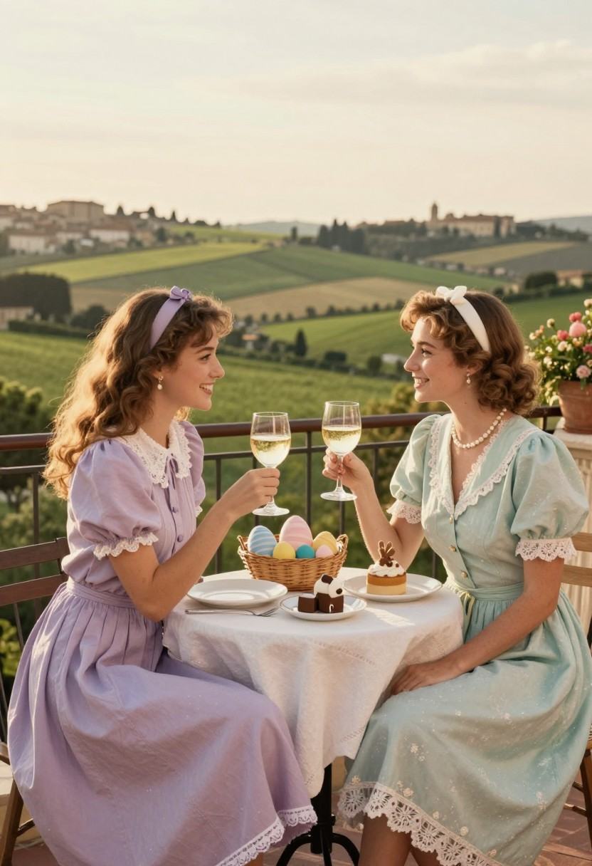 4. V67 Easter,  due adulti elegantemente vestiti in abiti primaverili pastello che sorseggiano un aperitivo in una terrazz...